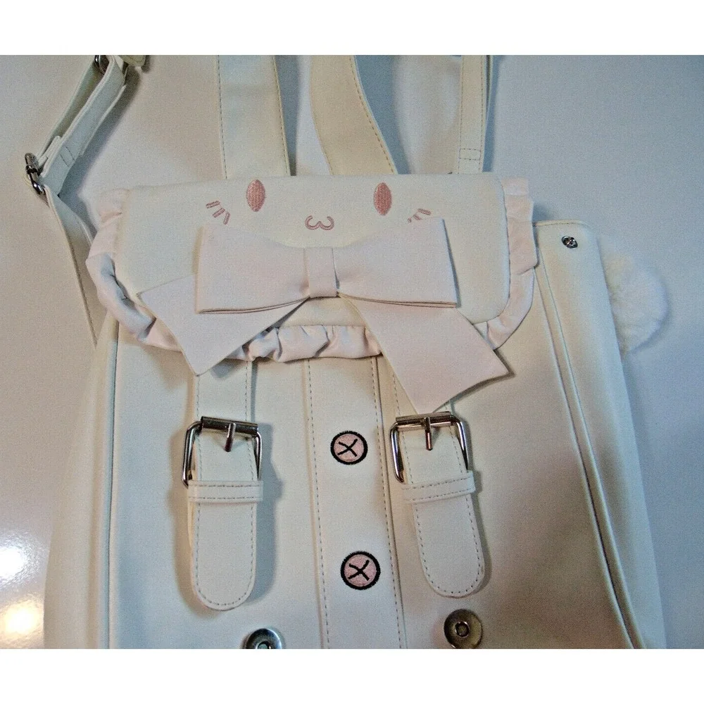 Women's Girl's Backpack Bag Purse White Medium Student Kitty Cat Straps Bow